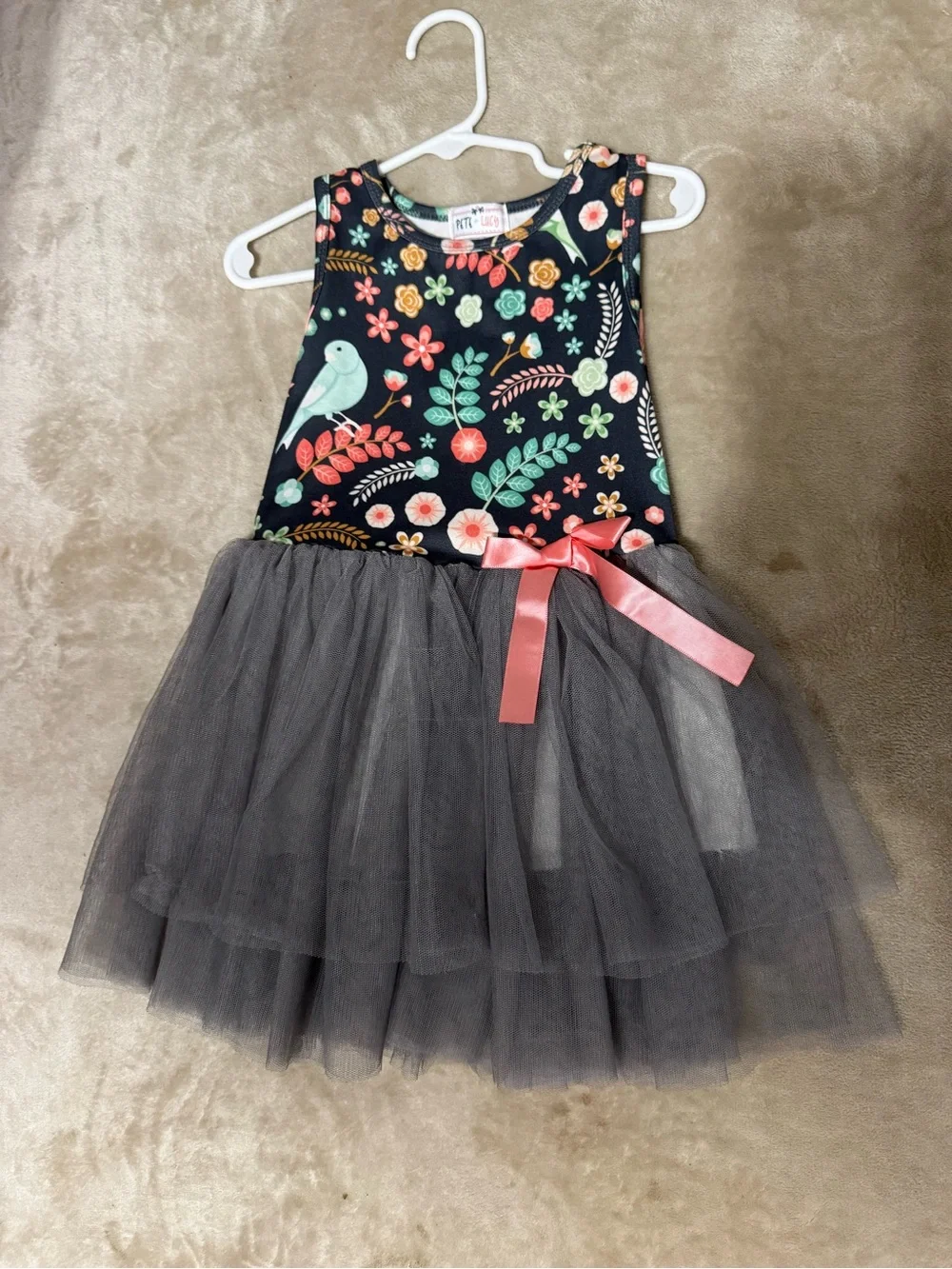 Girls Navy Floral Bodice Dress with Gray Tulle Skirt and Pink Bow